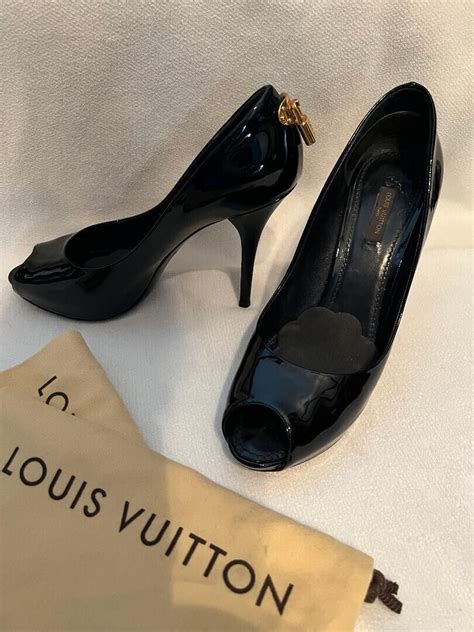 louis vuitton black patent peep toe lock heels|Louis Vuitton “Oh Really” Black Patent Gold Lock Platform Peep .